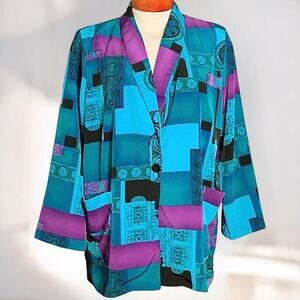 Vintage 80s Kensington Square Blazer Sz 22 Artsy Abstract Teal Purple One Button